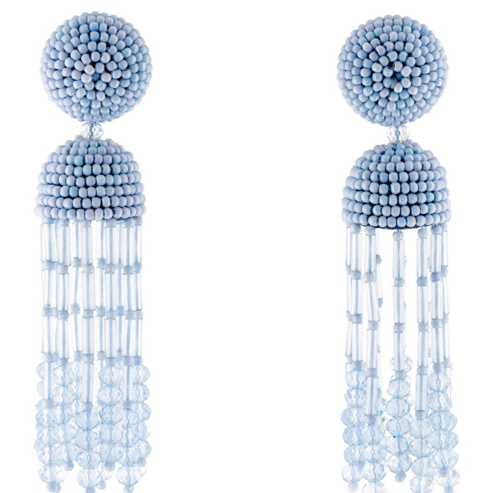 Oscar de la Renta Blue Short Beaded Tassel Earrings